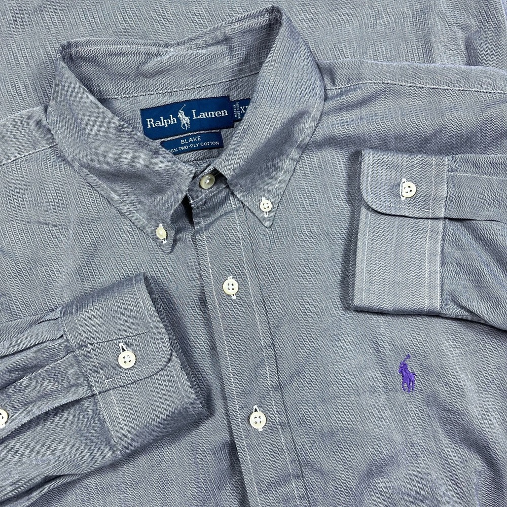 Ralph Lauren Shirt Men XL Grey Button Up Blake Two Ply Cotton Purple Pony *
